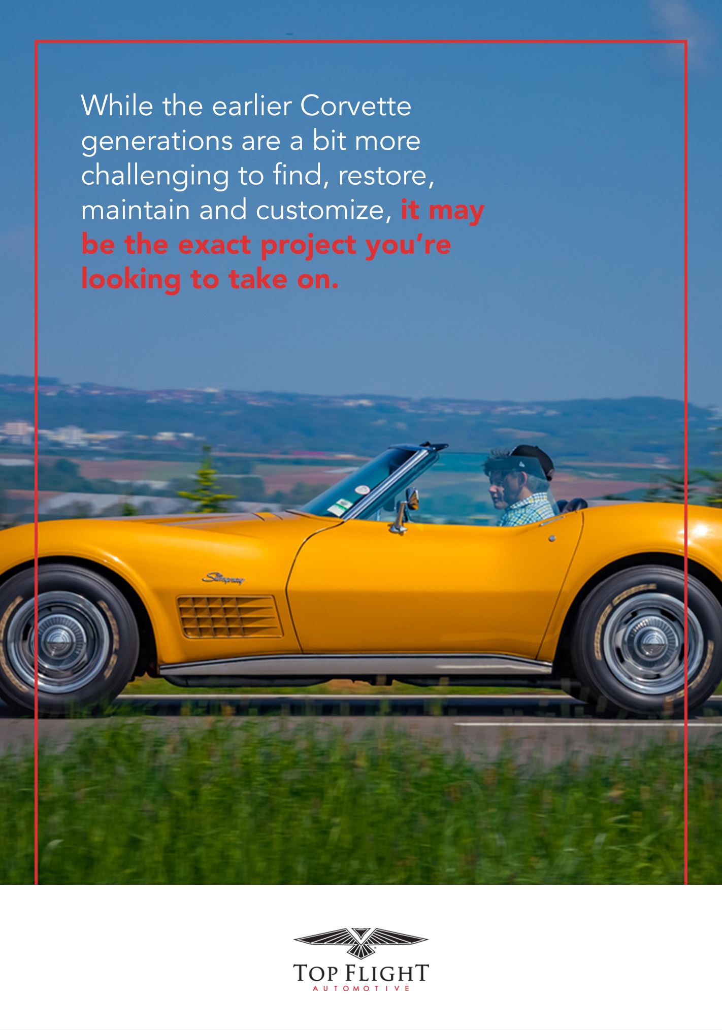 Man driving classic yellow C2 corvette stingray convertible on a country road