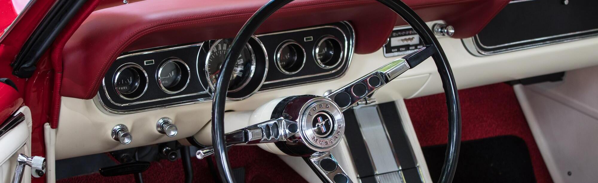 Classic red mustang interior and dashboard