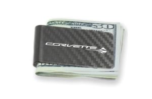 Corvette carbon fiber money clip holding 50 dollar bils