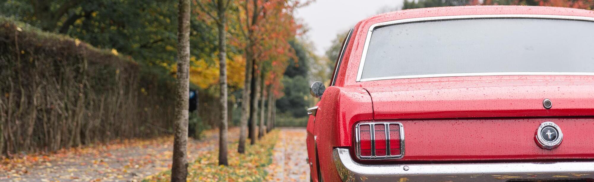 Classic red Mustang in the rain