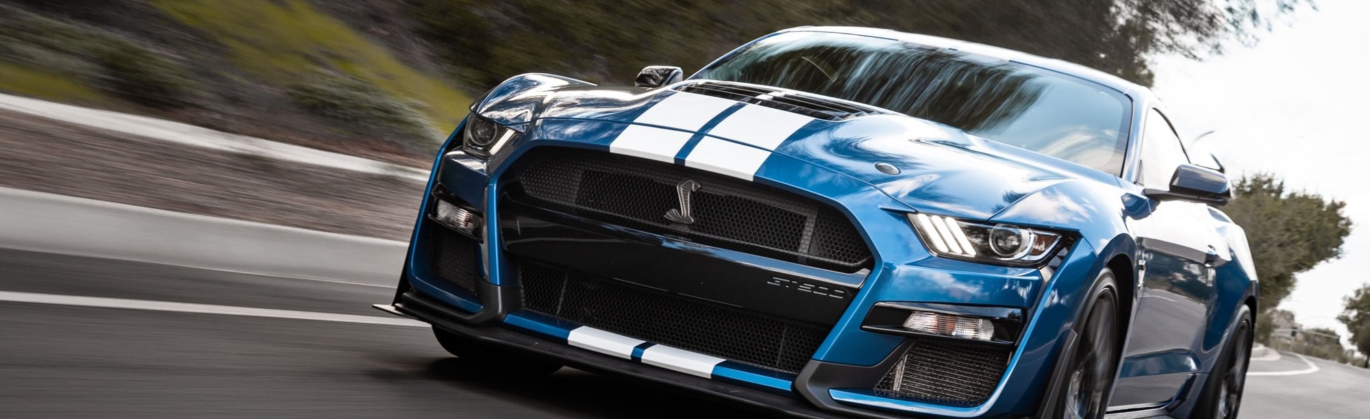 Blue Shelby Mustang with white stripes